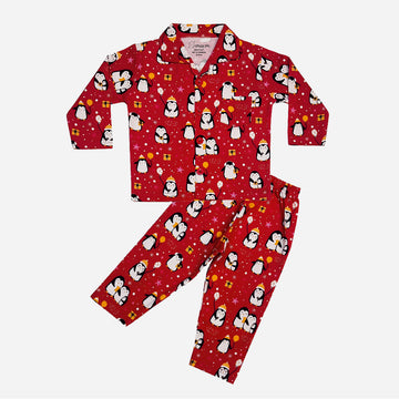 Full Sleeves Baby Pajamas with Penguin Print – Dark Red